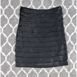 Black Satin Pencil Skirt Size Large Tiered Banded Stretch Bodycon Zip Closure